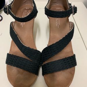 Toms Black Fabric Strap Cork Wedges